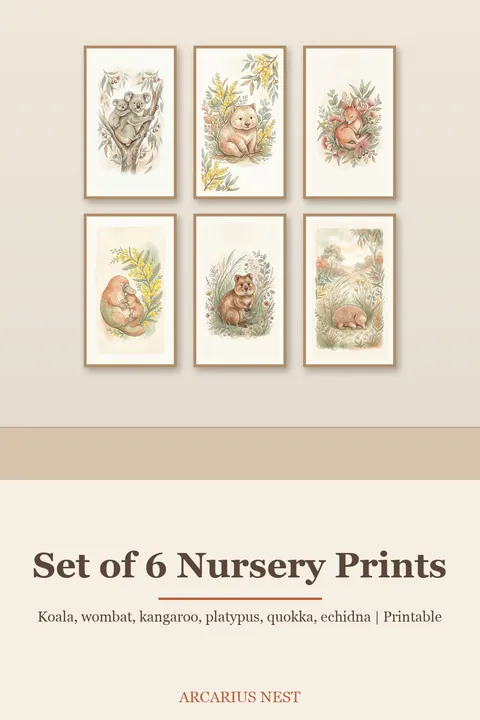 Australian Animal Nursery Prints Set of 6: watercolour-style koala Wombat Kangaroo Platypus Quokka Echidna