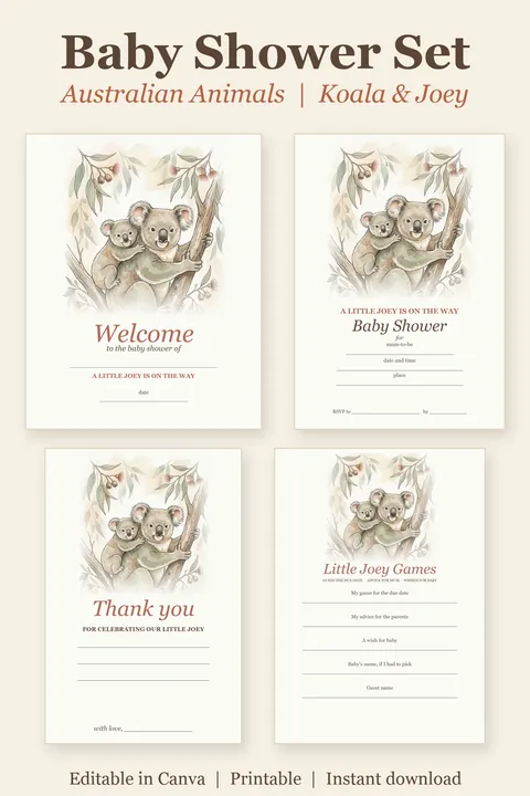 Australian Animals Baby Shower Set: watercolour-style koala Joey Editable Canva Template