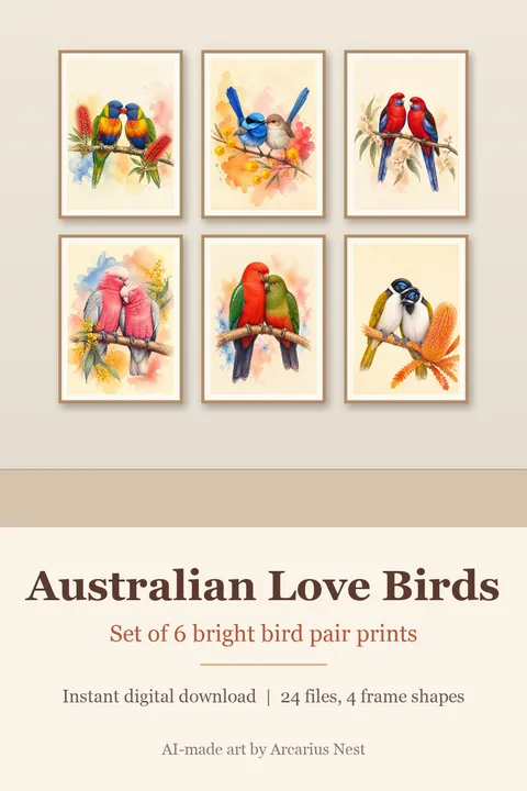 Australian Love Birds Set of 6: watercolour-style bright Colourful Bird Pair Wall Art