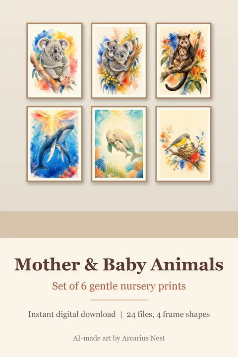 Australian Mother and Baby Animals Set of 6: watercolour-style nursery Wall Art