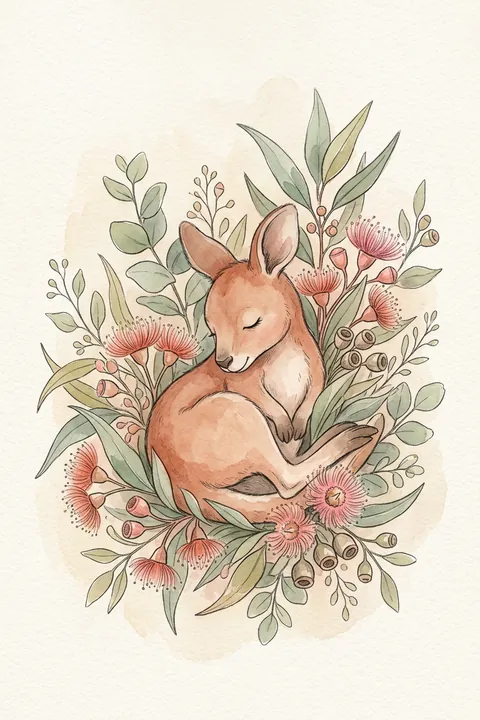 Baby Kangaroo Nursery Print: watercolour-style gum Blossom Watercolor Wall Art