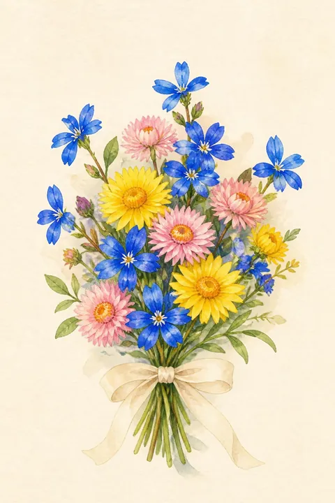 Blue Fan Flower Posy Print: watercolour-style bright Colourful Paper Daisy Bouquet