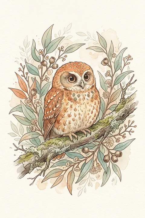 Boobook Owl Print: watercolour-style australian Nursery Wall Art