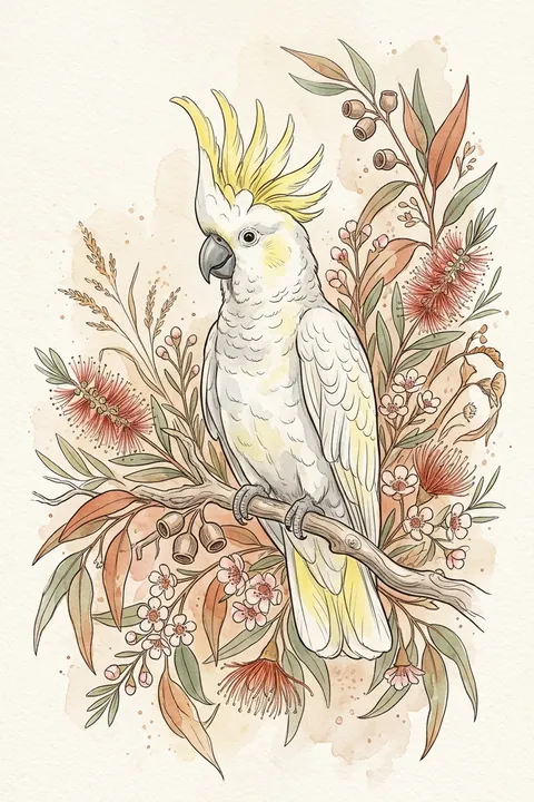 Cockatoo & Native Florals Print: watercolour-style australian Nursery Wall Art