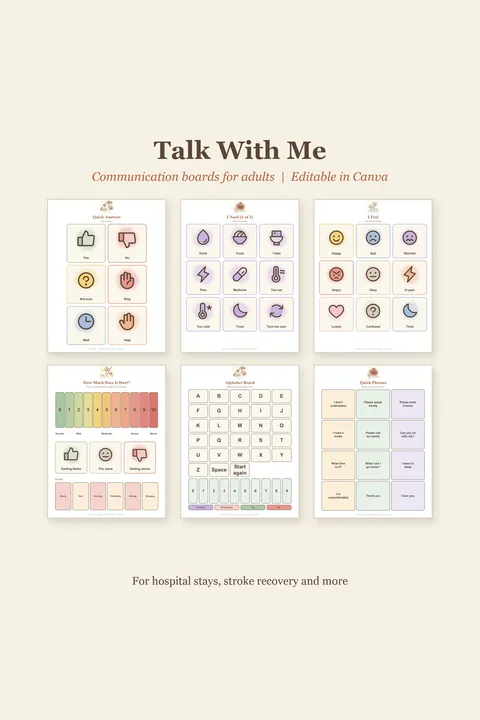 Picture communication boards for adults, hospital stays and finding words, printable pages