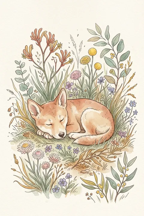Dingo Pup Wildflower Print: watercolour-style australian Native Nursery Wall Art