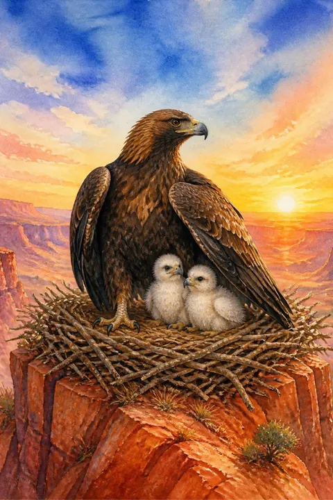 Eagle Family Nest Print: watercolour-style bright Colourful Sunrise Sky Over Red Cliff
