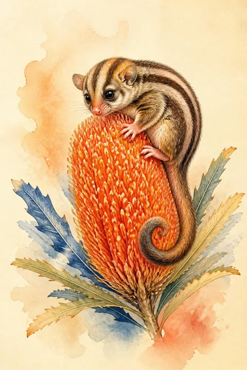 Honey Possum on Banksia Print: watercolour-style bright Colourful Australian Native Animal Wall Art