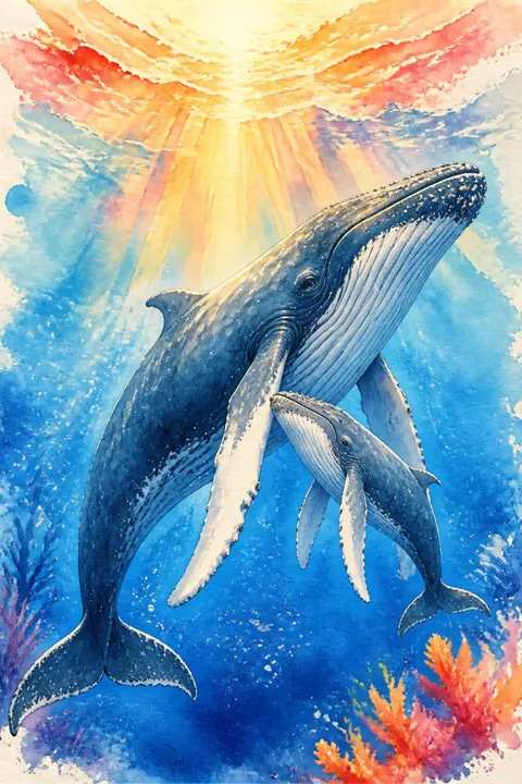 Humpback Whale and Calf Print: watercolour-style bright Colourful Ocean Wall Art