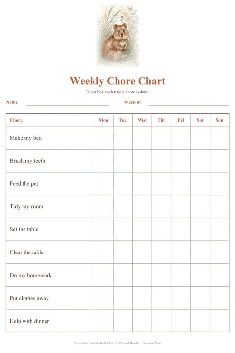 Kids Chore Chart Bundle: watercolour-style australian Animals