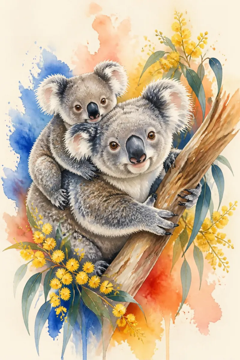Koala Piggyback Print: watercolour-style bright Colourful Koala Mother and Joey on Her Back