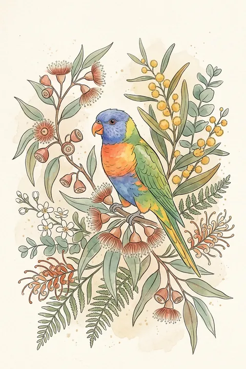 Rainbow Lorikeet Print Nursery Wall Art Australian Native Bird Printable Digital Download Watercolor Gum Leaf Decor, watercolour-style printable art