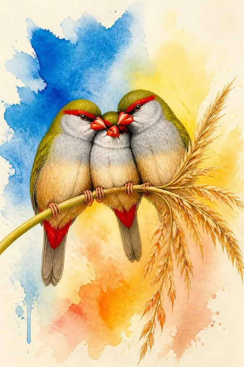 Red-browed Finch Print: watercolour-style bright Colourful Three Finches Cuddling on a Grass Stem