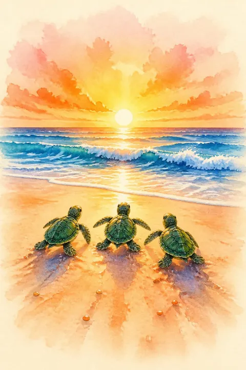 Sea Turtle Hatchlings Print: watercolour-style bright Colourful Beach Wall Art