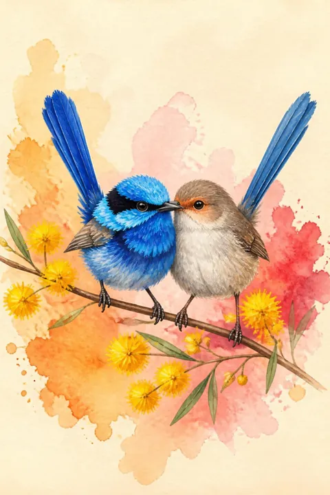 Splendid Fairy-Wren Pair Print: watercolour-style bright Colourful Blue Wren Love Birds