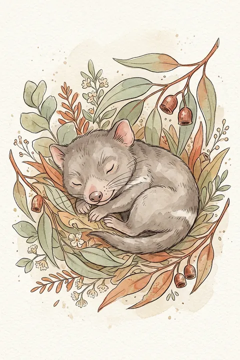 Tasmanian Devil Joey Gum Leaves Print: watercolour-style australian Native Nursery Wall Art