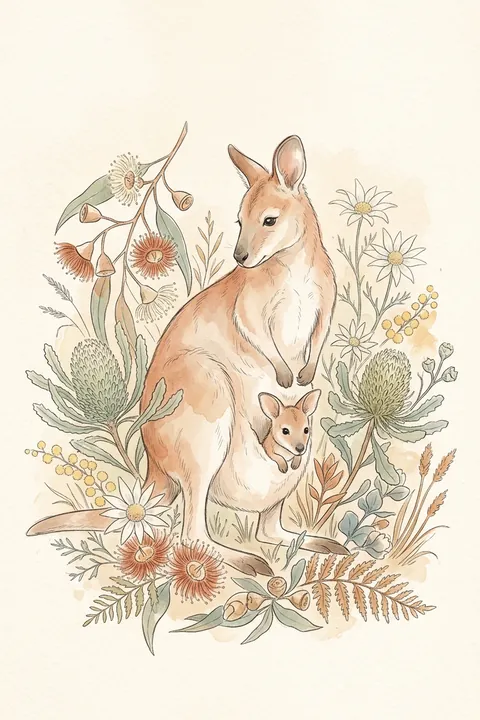 Wallaby & Joey Wildflower Print: watercolour-style australian Native Nursery Wall Art