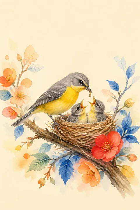 Yellow Robin Family Print: watercolour-style bright Colourful Bird Feeding Chicks in Nest